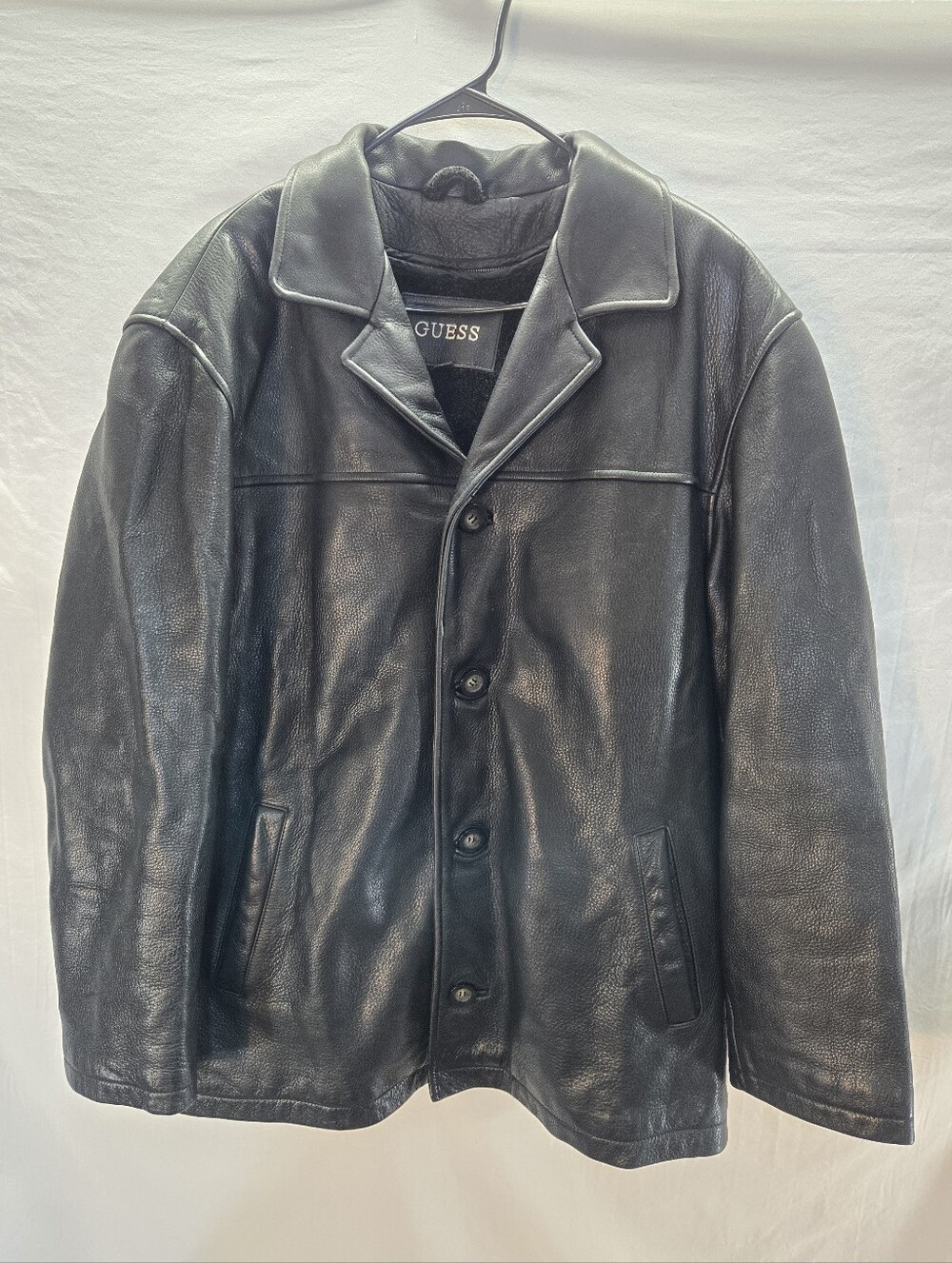 Vintage Guess Men's Large Black Leather Jacket Heavyweight Zip in Liner Coat